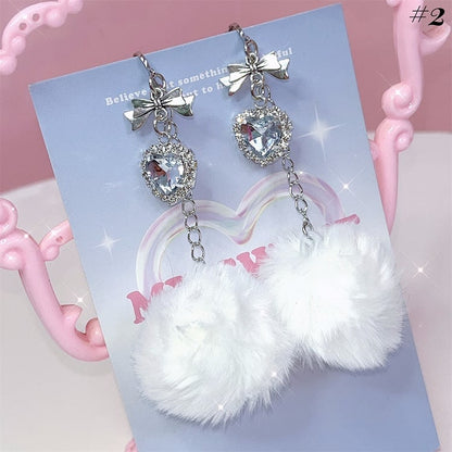 Pompons Rhinestone Detail Jirai Kei Ear Clips