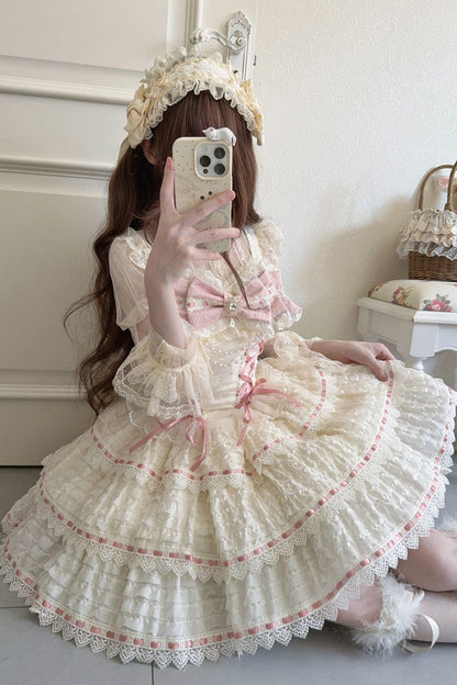 Apricot Floral Letters Song Sleeveless Triple-Layered Bow Lace-Up Sweet Lolita Jsk Dress