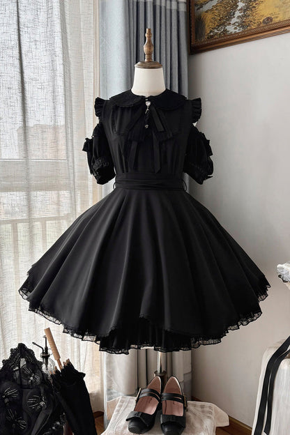 Midnight Bow-Trimmed Off-Shoulder Gothic Jumper Dress