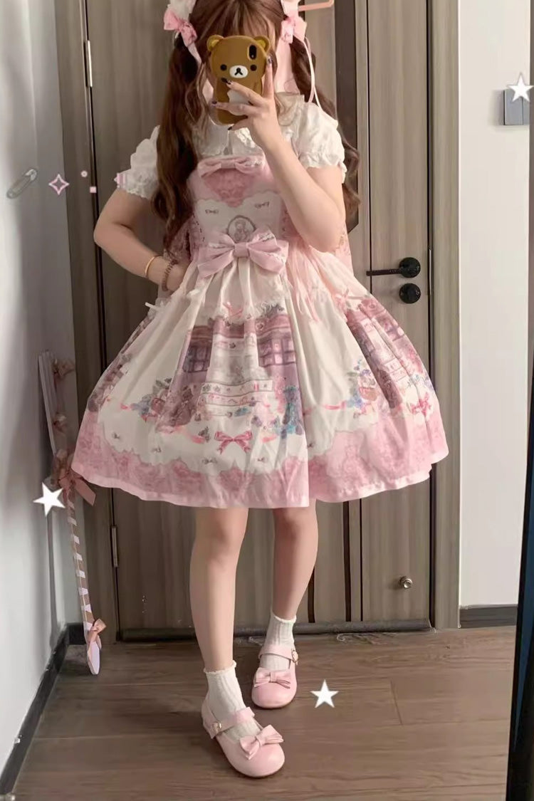 Pink Print Sleeveless Bow Lace Sweet Princess Lolita Jumper and Strap Gown - Little Bear Shop