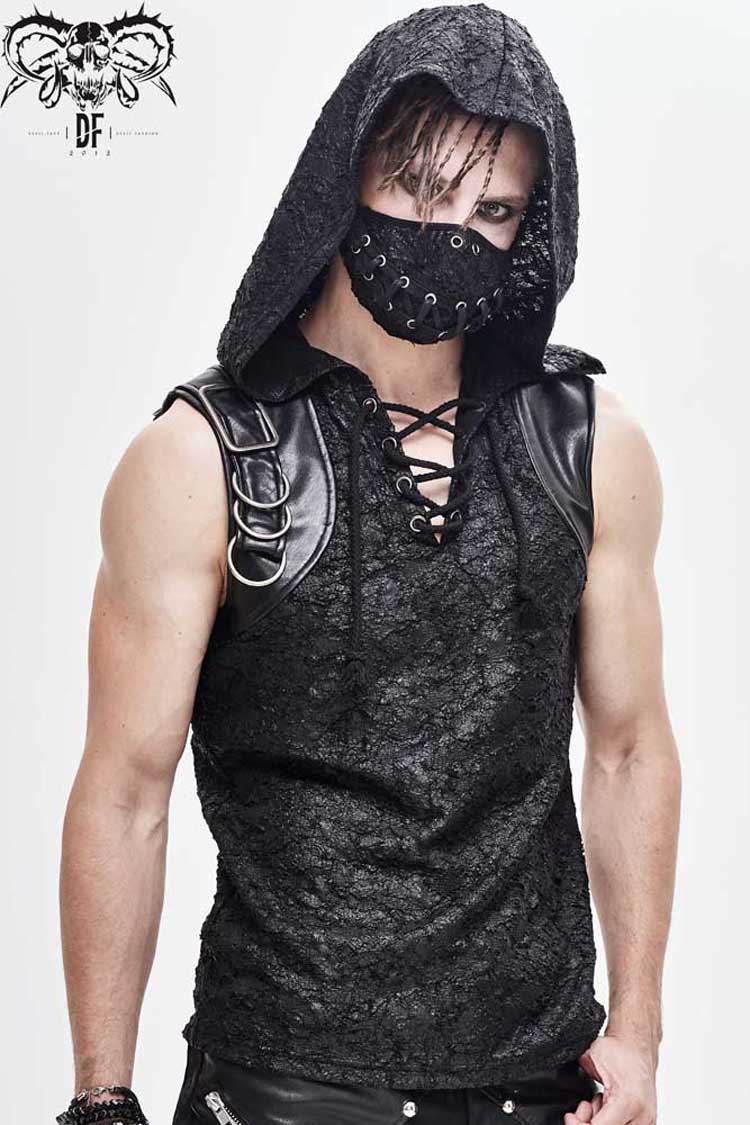 Men's Punk Knit Vest with Hood Tattered Chest Lace-Up Metal Buckle