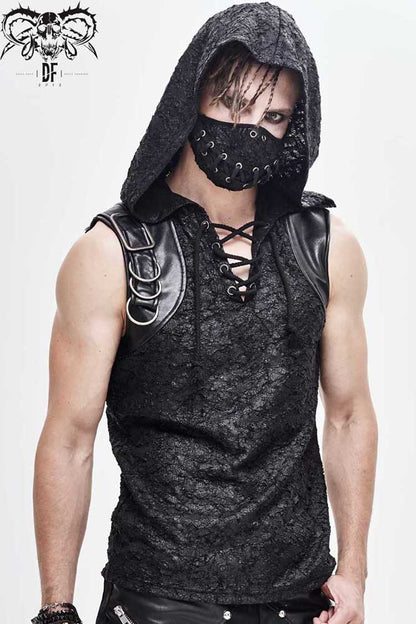 Men's Punk Knit Vest with Hood Tattered Chest Lace-Up Metal Buckle