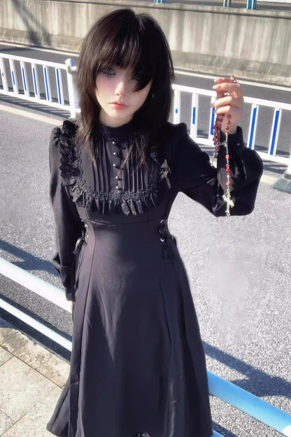 Black Lace-Up Gothic Lolita Dress with Stand Collar and Ruffled Sleeves