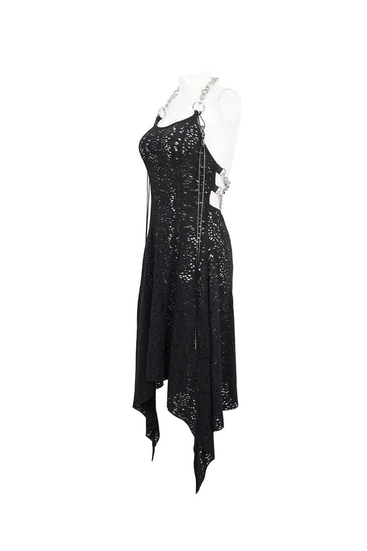 Wool Patterned Metal Chain Halter Backless Black Punk Dress