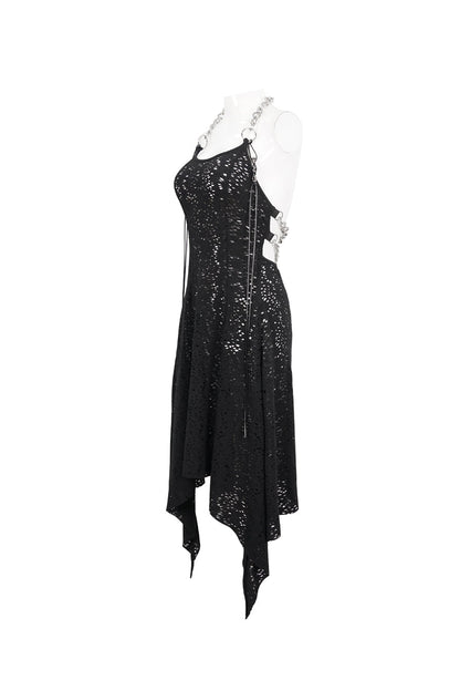 Wool Patterned Metal Chain Halter Backless Black Punk Dress