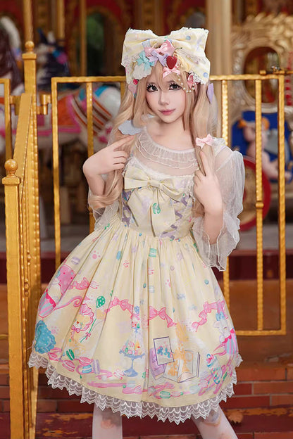Macaron Dolly House Sleeveless Print Bowknot Lace-Up Sweet Lolita Jsk Dress Colors