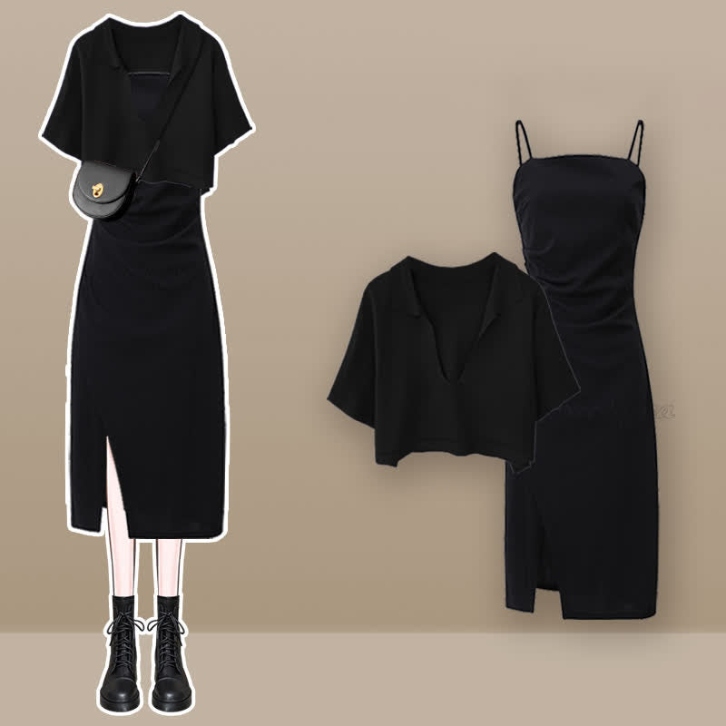 Split Slip T-Shirt Dress Ruffled V-neck