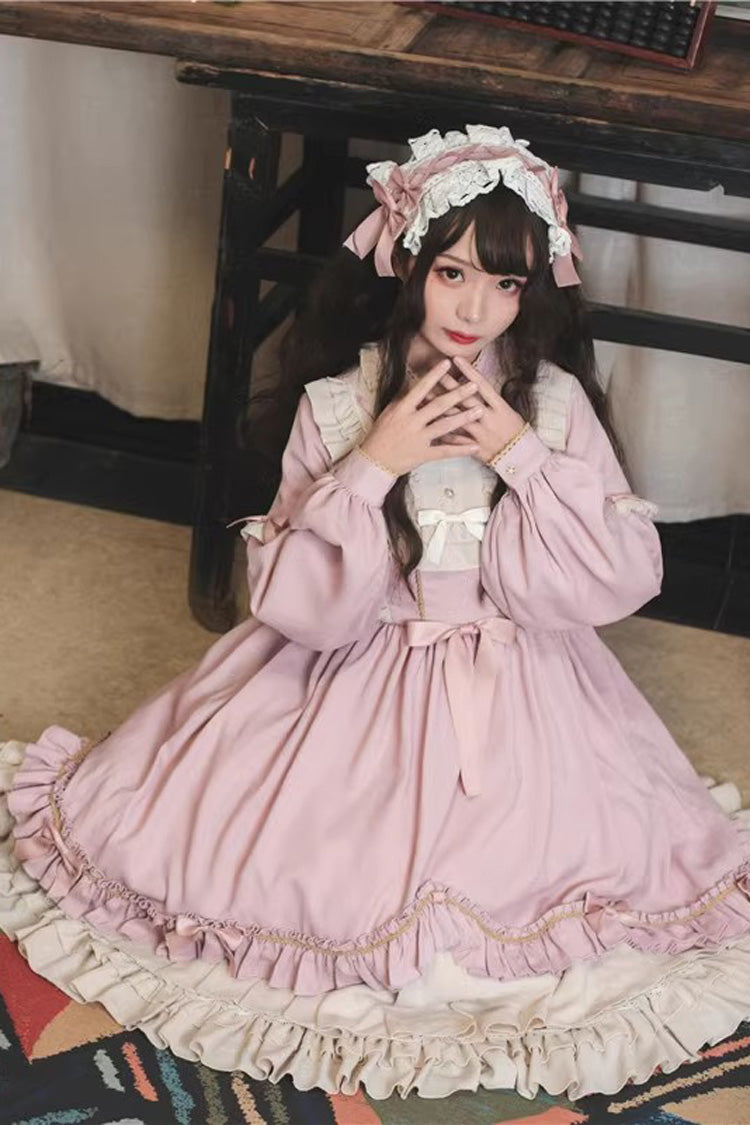 Pink Long Sleeves Ruffle Bow Daily Sweet Princess Lolita Dress