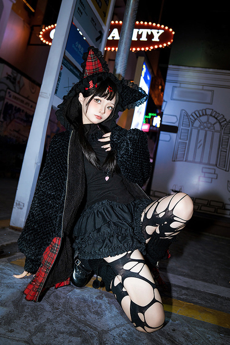 Night Cat Plaid Hooded Sweet Lolita Skirt Coat - Noir