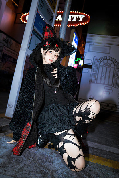 Night Cat Plaid Hooded Sweet Lolita Skirt Coat - Noir