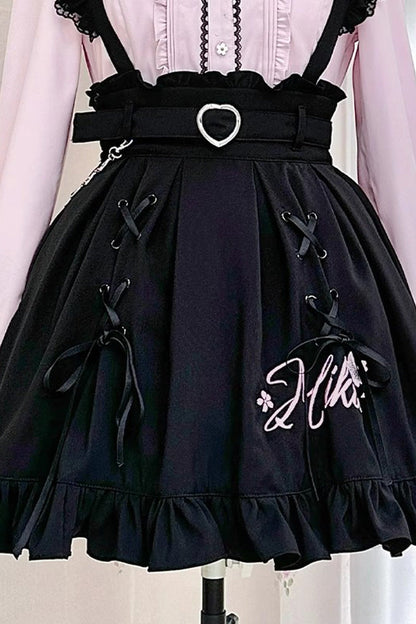 Black Hatsune Miku Ruffle Embroidery Lace-Up Skirt