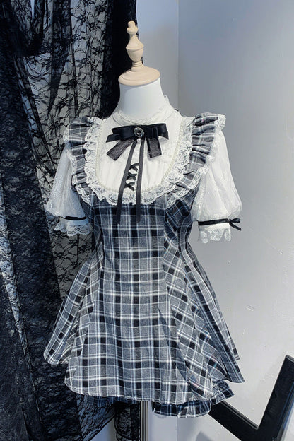 Print Bowknot Lace Gothic Jirai Kei Dress Set