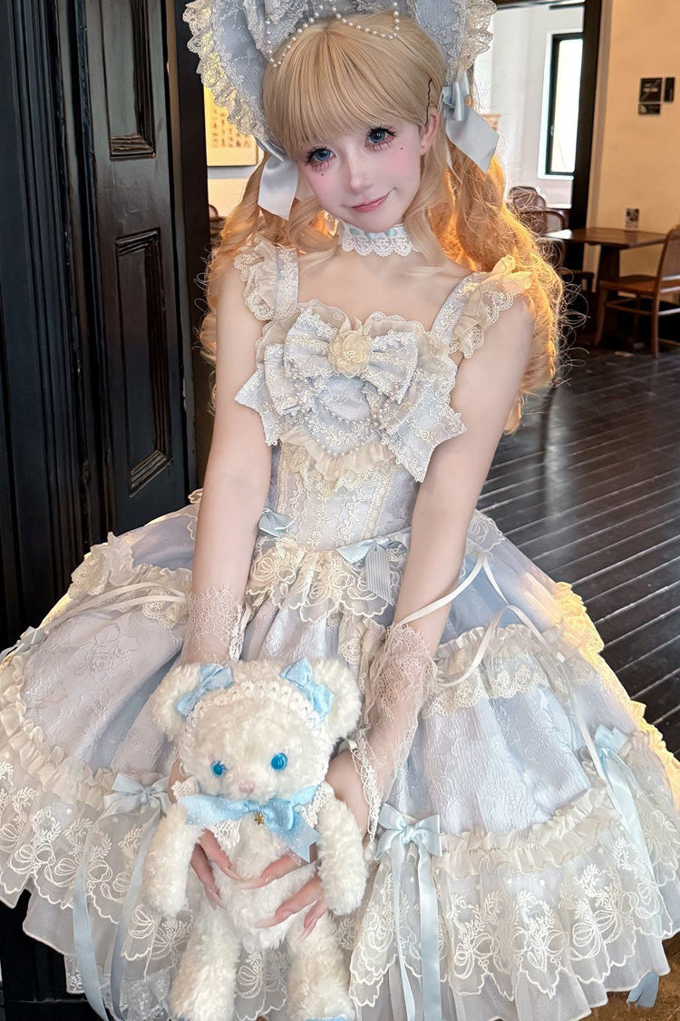 Blue Blossoming Heart Love Sleeveless Dark Jacquard Print Bow Lace Sweet Lolita Jsk Dress
