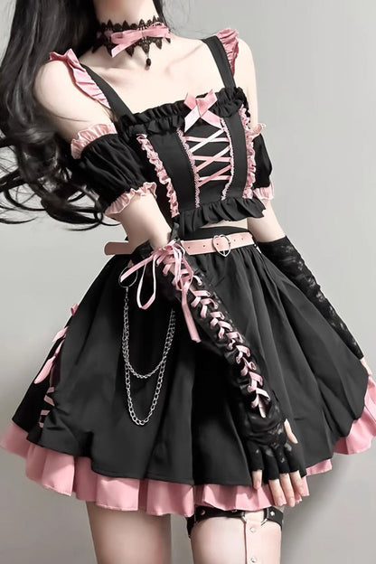 Black and Pink Tie-Bow Gothic Sweet Lolita Strapless Skirt Set