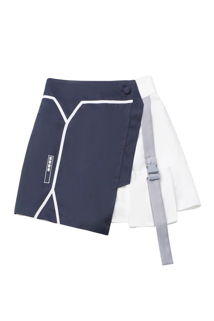 Blue White Techwear Embroidered Asymmetric Coat & Skirt Set