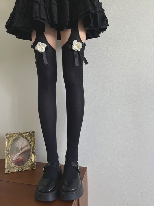 Black/White Camellia Bowknot Suspender Tights