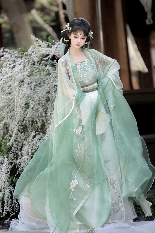 Emerald Qingdie Song Dynasty Ruffle Embroidery Chinese Hanfu Full Set