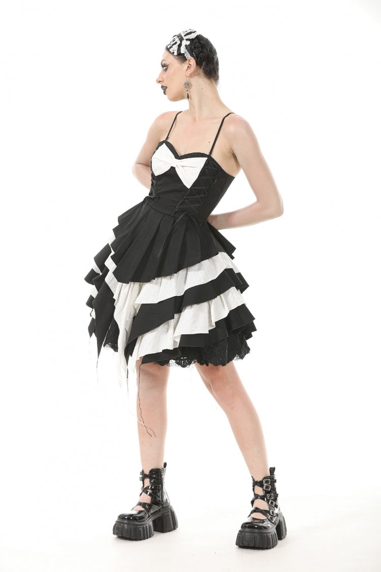 Monochrome Sleeveless Multi-Layered Ruffled Bow Slip Dress