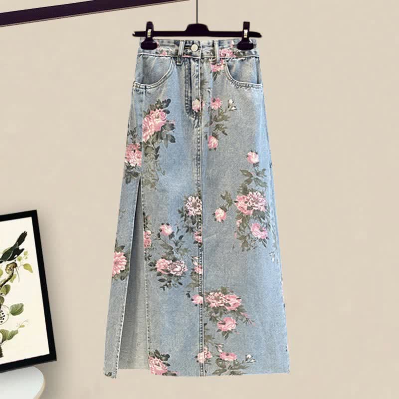 Floral Print Puff Sleeve T-Shirt Split Denim Skirt