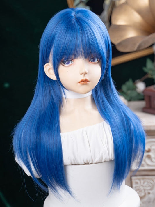 Blue 63CM Length Straight Wig With Full Bangs