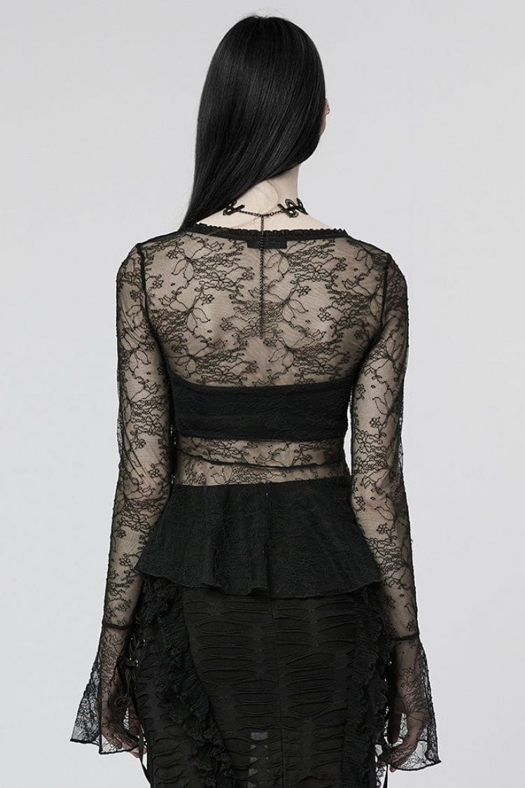 Sheer Lace T-Shirt with Flared Sleeves - Goth Style