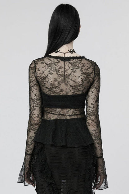 Sheer Lace T-Shirt with Flared Sleeves - Goth Style
