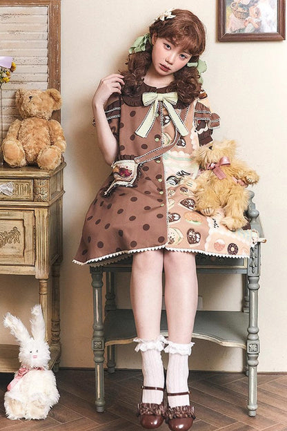Chocolate Dessert Print Short-Sleeve Ruffled Bowknot Sweet Lolita Dress in Two Tones
