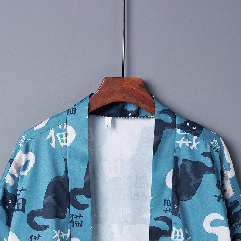 Cute Blue Cat Print Casual Kimono Outerwear