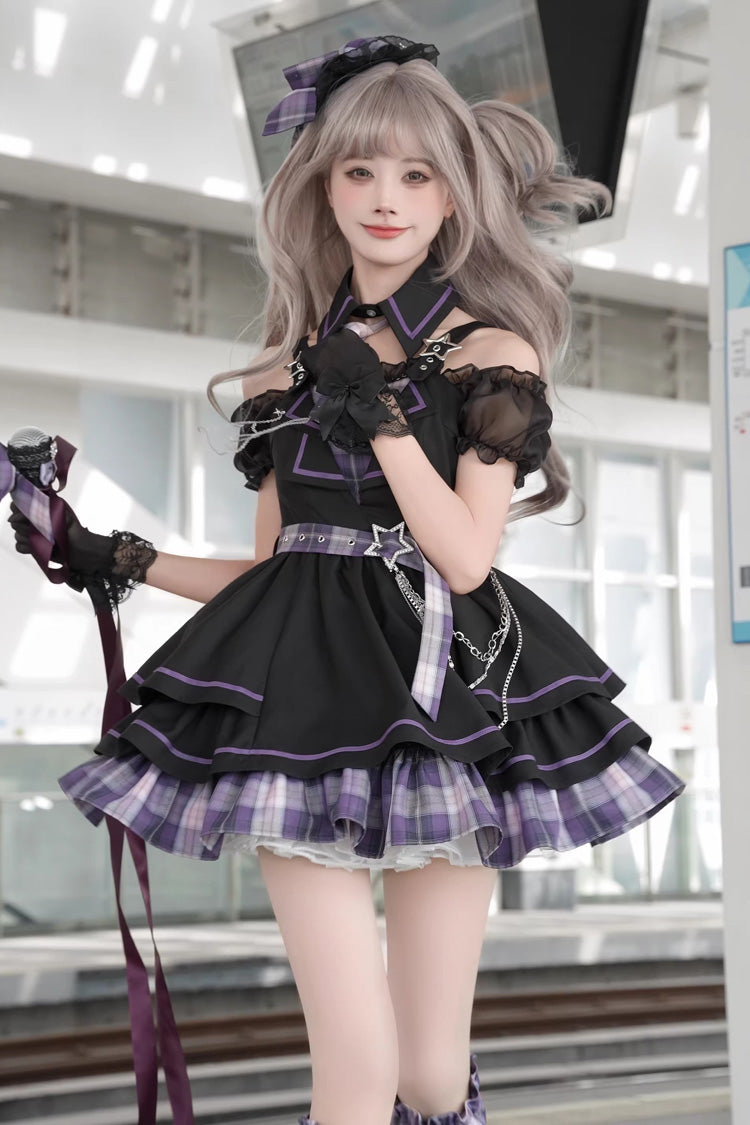 Purple Dark Night Rose Boat Neck Short Sleeve Plaid Print Ruffle Chain Gothic Lolita Dress