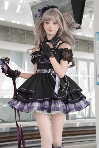 Purple Dark Night Rose Boat Neck Short Sleeve Plaid Print Ruffle Chain Gothic Lolita Dress