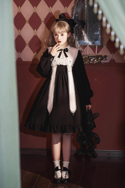 Classic Gothic Elegant Nun Dress with Long Sleeves and Ruffled Bow