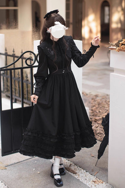 Long-Sleeved Gothic Vintage Elegant Dress with Ruffled Embroidery - Wind Kissed Tulips