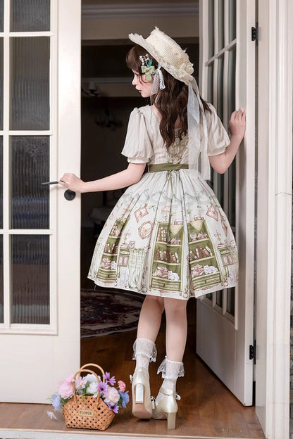 Multi-Color Short Sleeves Book House Print Bow Sweet Princess Lolita Dress