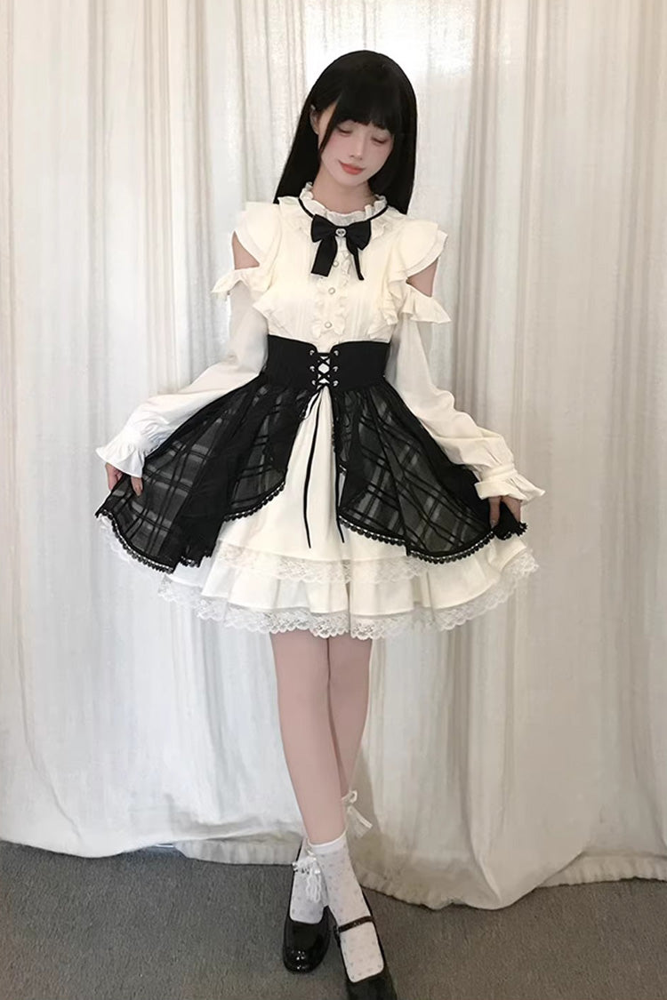 Black Beige Dark Chocolate Champagne Stand Collar Off Shoulder Long Sleeve Double Layer Ruffle Sweet Japanese Lolita Dress