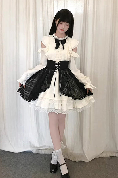 Black Beige Dark Chocolate Champagne Stand Collar Off Shoulder Long Sleeve Double Layer Ruffle Sweet Japanese Lolita Dress