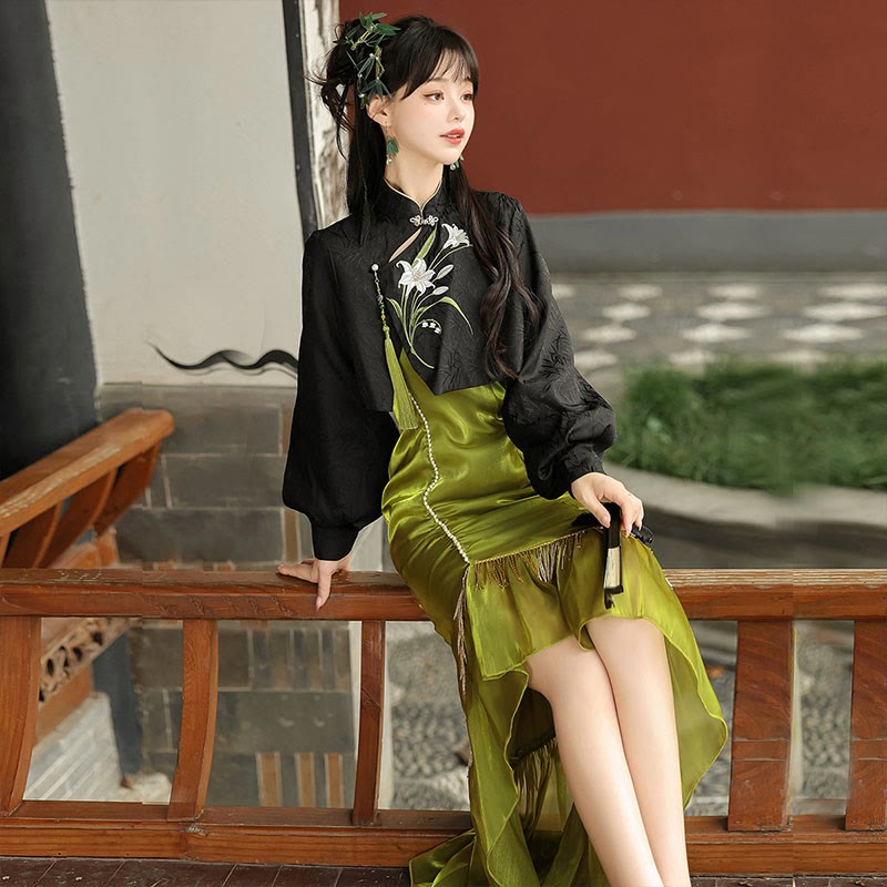 Pearl Dress Pieces Tassel Embroidery Top Two Vintage Flower