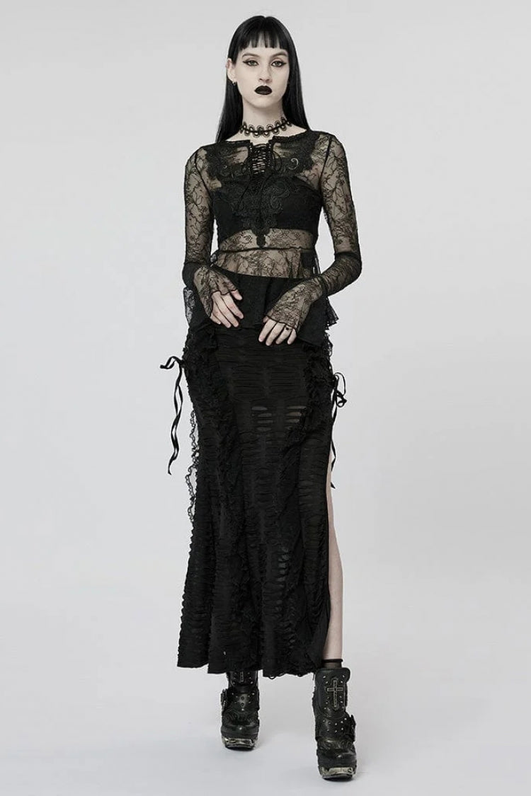 Sheer Lace T-Shirt with Flared Sleeves - Goth Style
