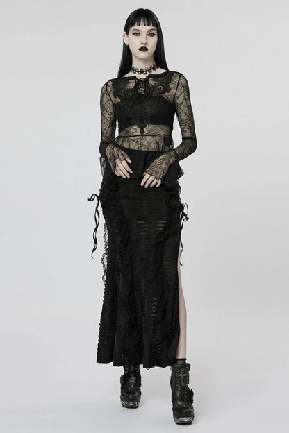 Sheer Lace T-Shirt with Flared Sleeves - Goth Style