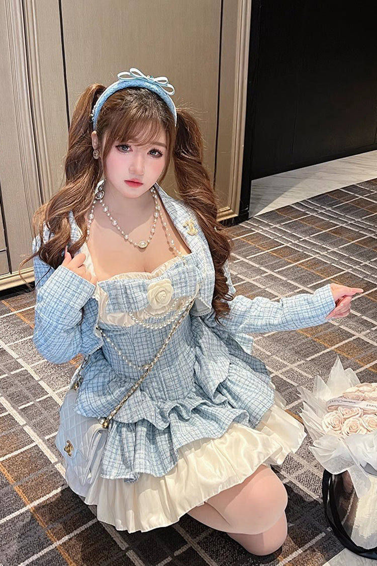 Blue Camellia Plaid-Print Ruffled Bow-Adorned Sweet Lolita Dress