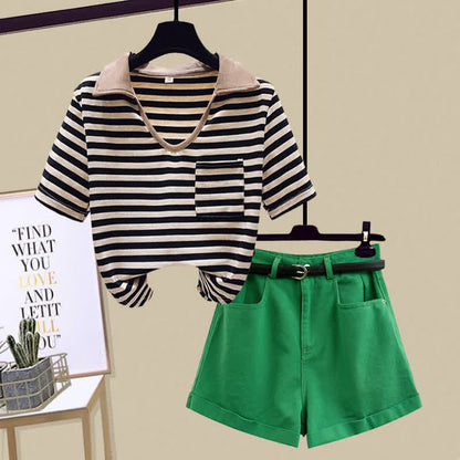 T-Shirt Stripe Denim Pocket Shorts Top Crop