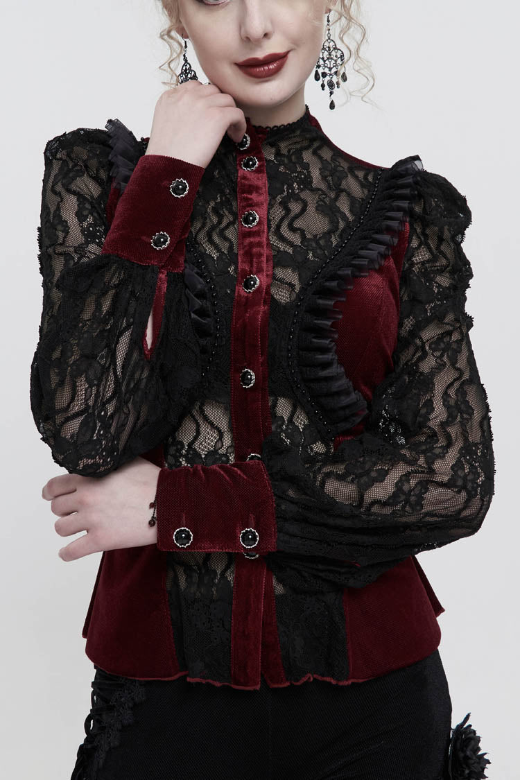 Velvet High Neck Lace Fake Bra Design Butterfly Mesh Gothic Shirt