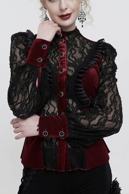 Velvet High Neck Lace Fake Bra Design Butterfly Mesh Gothic Shirt