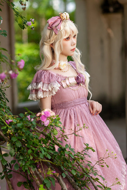 Rose Moon Goddess Mediana Polka Dot Print Ruffle Bow Asymmetrical Elegant Lolita Gown