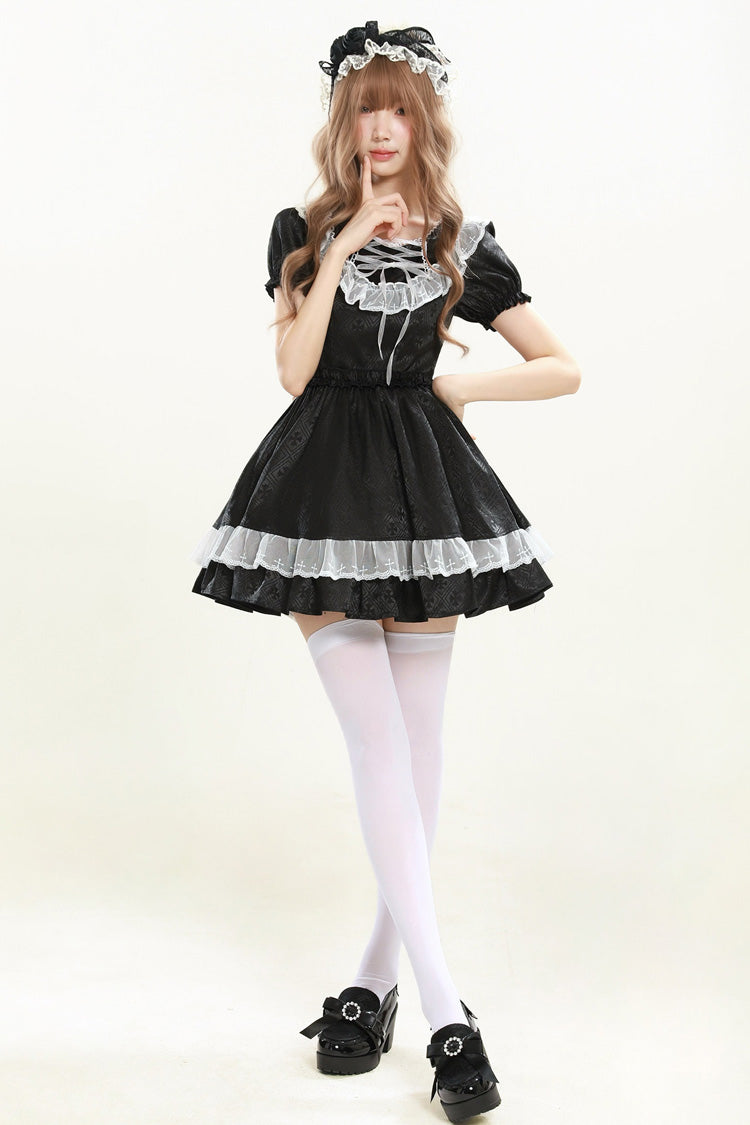 Lapel Collar Jacquard Ruffled Lace Gothic Dress
