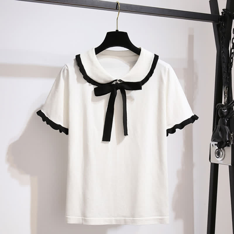 High T-Shirt Denim Skirt Bowknot Waist Knitted