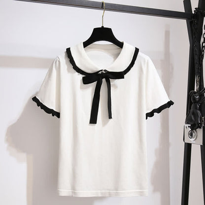 High T-Shirt Denim Skirt Bowknot Waist Knitted