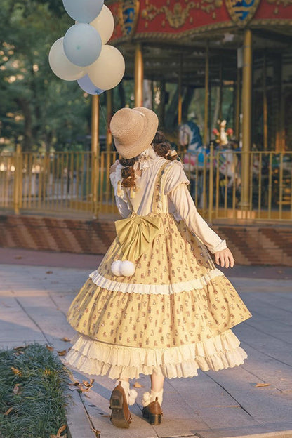 Golden Stuffed Bear Print Bow Sweet JSK Dress