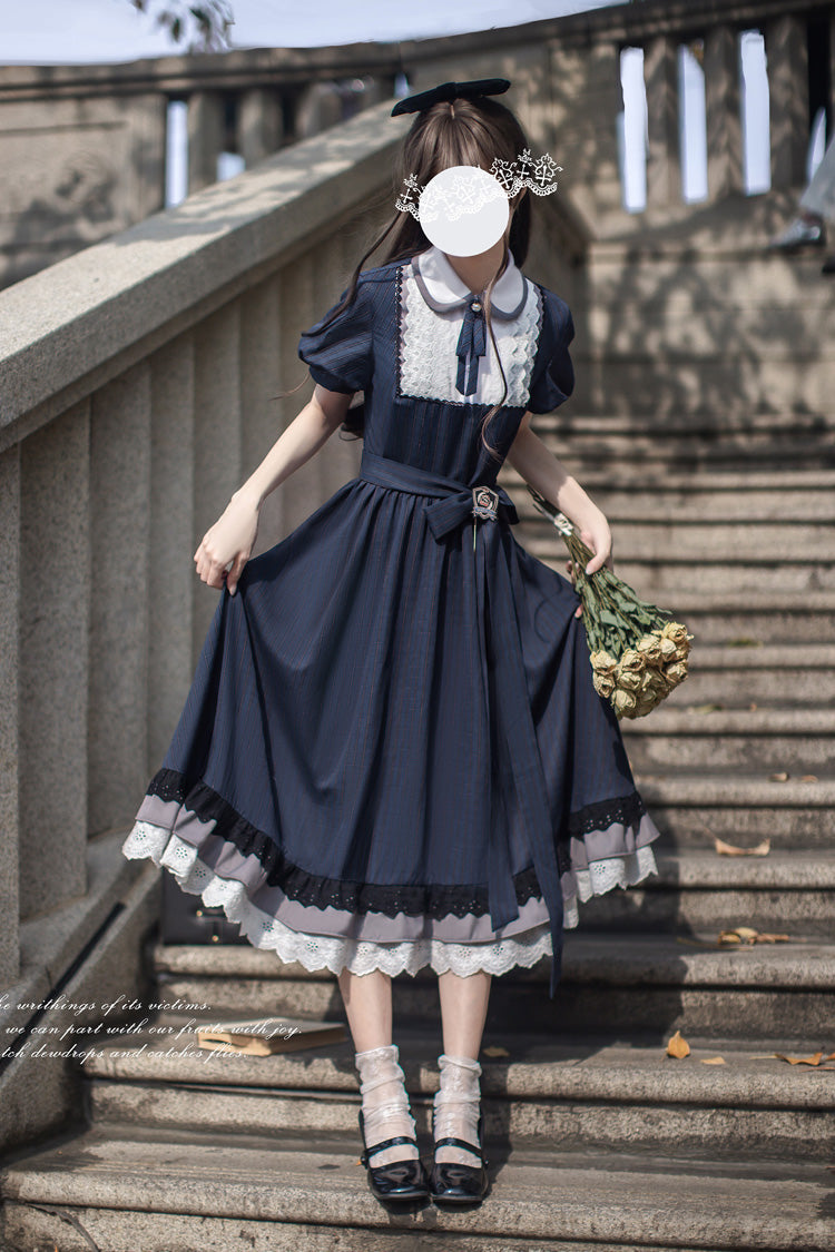 Lapel-Collar Vintage Dress with Bow Print and Short Sleeves