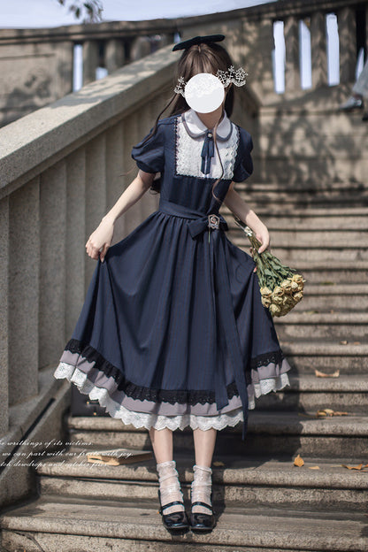 Lapel-Collar Vintage Dress with Bow Print and Short Sleeves