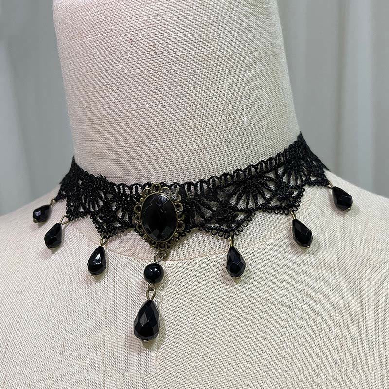 Collier ras du cou gothique punk rétro en dentelle et cristal Lolita